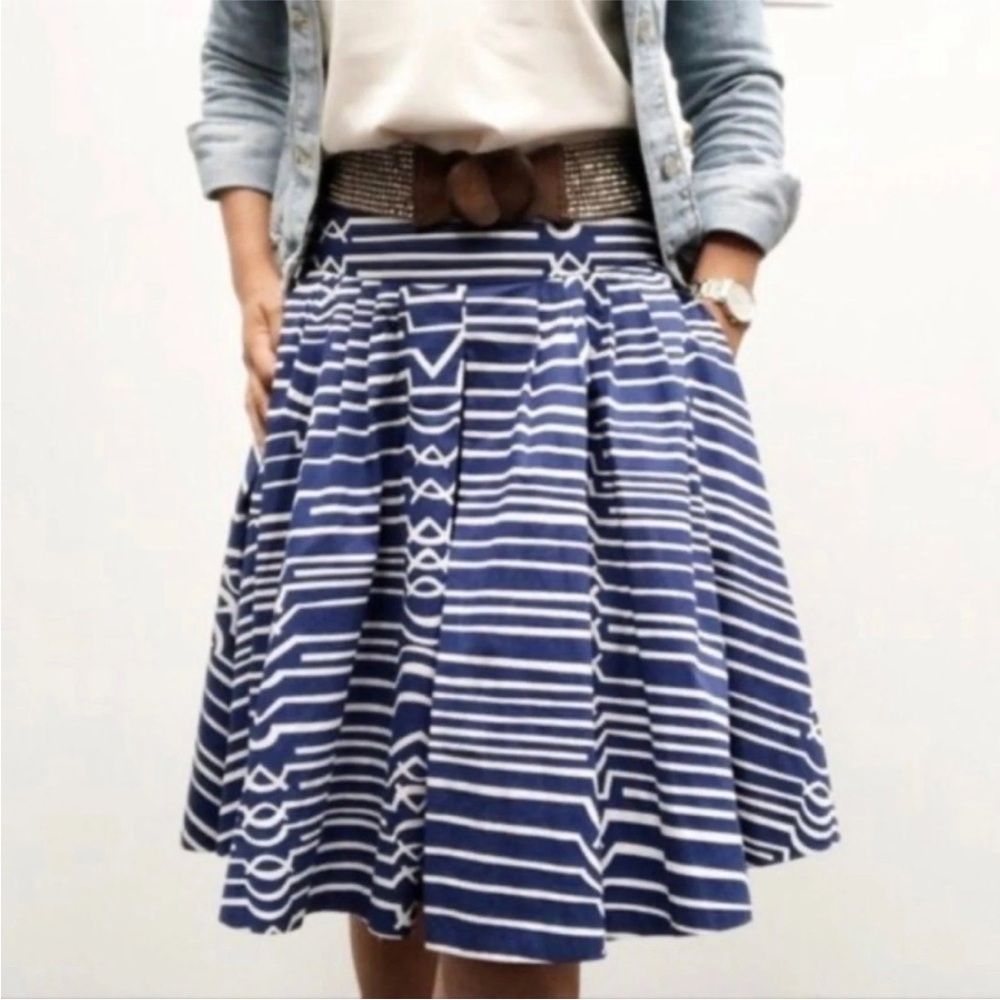 Anthropologie Maeve Women Sz 0 Pleated Cotton Poplin Circle Skirt Blue Stripe